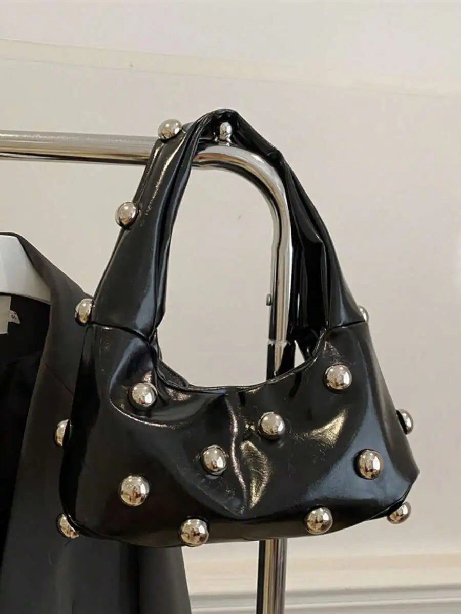 Vintage Inspired Half Moon Shoulder Bag with Rivet Accent Details