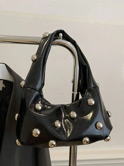 Vintage Inspired Half Moon Shoulder Bag with Rivet Accent Details