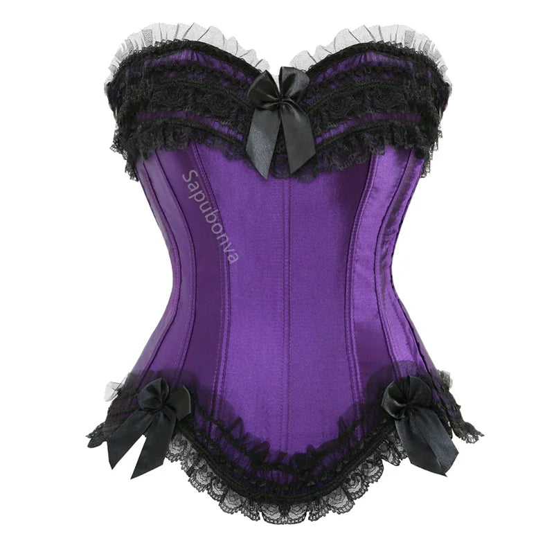 Luminous White Satin Overbust Corset with Ruffled Lace Trim and Bow Detailing