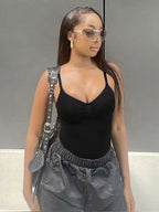 Ruched Spaghetti Strap Bodycon Bodysuit for Dark Aesthetic Alternative Styling