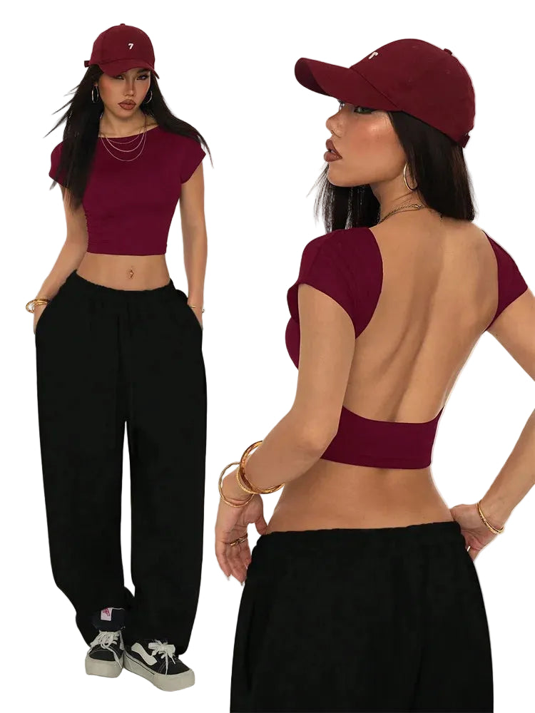Women's Backless Short Sleeve Crop T-Shirt for Modern Minimalist Streetwear Summer Fashion Style