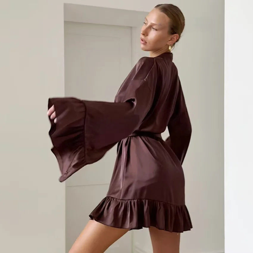 Elegant Chocolate Brown Satin-Finish Sleepwear Set with Lace-Trimmed Chemise and Matching Robe
