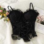 Lace Trim Corset Cami Top with Structured Bodice and Adjustable Straps