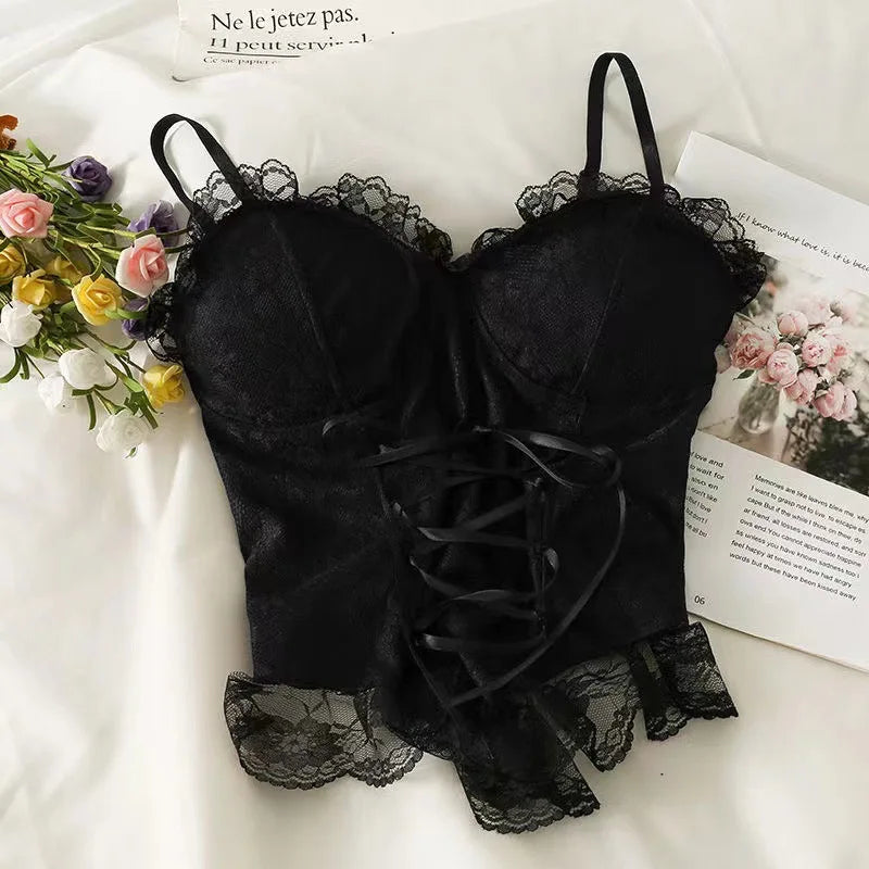 Lace Trim Corset Cami Top with Structured Bodice and Adjustable Straps
