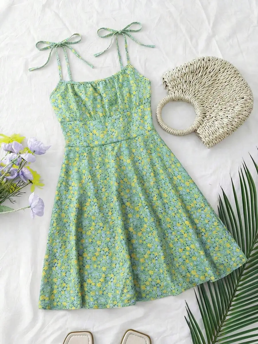 Floral Print Tie Strap A-Line Mini Dress with Lightweight Summer Silhouette