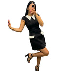 High-Contrast Mod Mini Dress with Pointed Collar and Faux Pocket Details