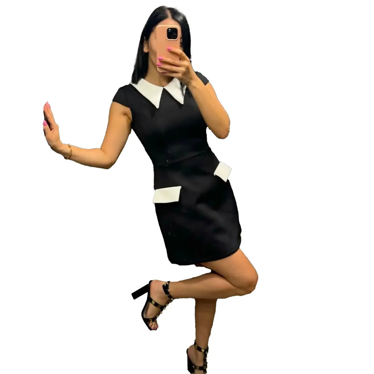 High-Contrast Mod Mini Dress with Pointed Collar and Faux Pocket Details