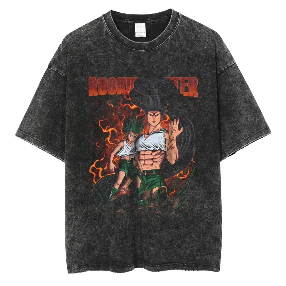 Flame Aura Anime Graphic Oversized Vintage Washed Cotton Streetwear T-Shirt