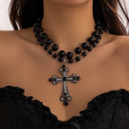 Pearl Cross Layered Choker Necklace for Dark Feminine Gothic Elegance