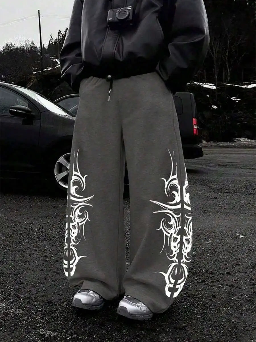 Men's Loose-Fit Graphic Print Straight-Leg Sweatpants with Elastic Waist Casual Streetwear Style