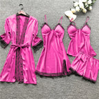 Women's Satin-Look Lace Lingerie Nightgown Set with Matching Robe, Sleeveless Mini Dress and Decorative Garter-Style Detail