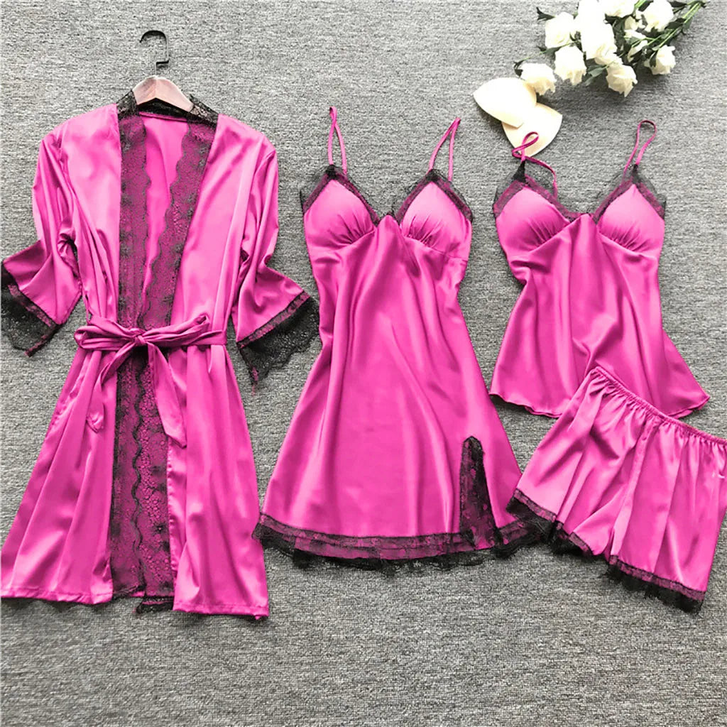 Women's Satin-Look Lace Lingerie Nightgown Set with Matching Robe, Sleeveless Mini Dress and Decorative Garter-Style Detail