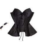 Dark Denim-Inspired Strapless Lace-Up Bustier with Asymmetrical Peplum Hem