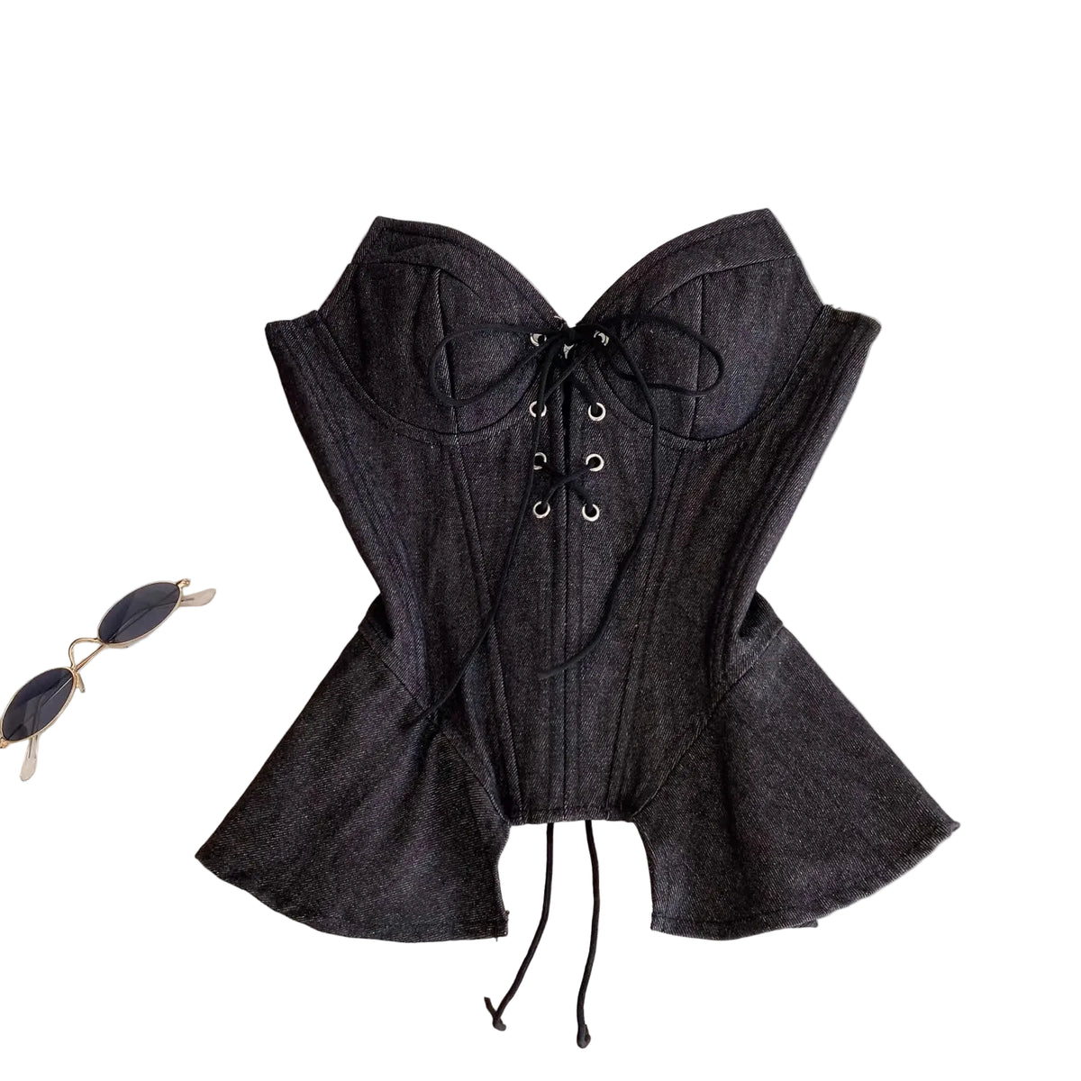 Dark Denim-Inspired Strapless Lace-Up Bustier with Asymmetrical Peplum Hem
