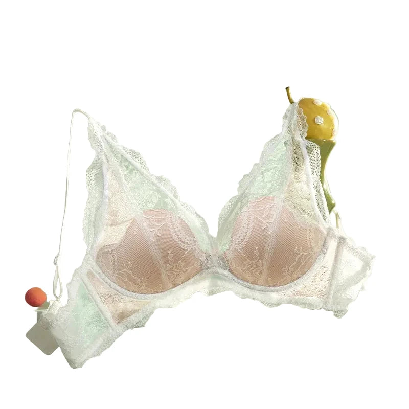 Elegant Deep Plunge Wireless Bra with White Floral Lace Overlay