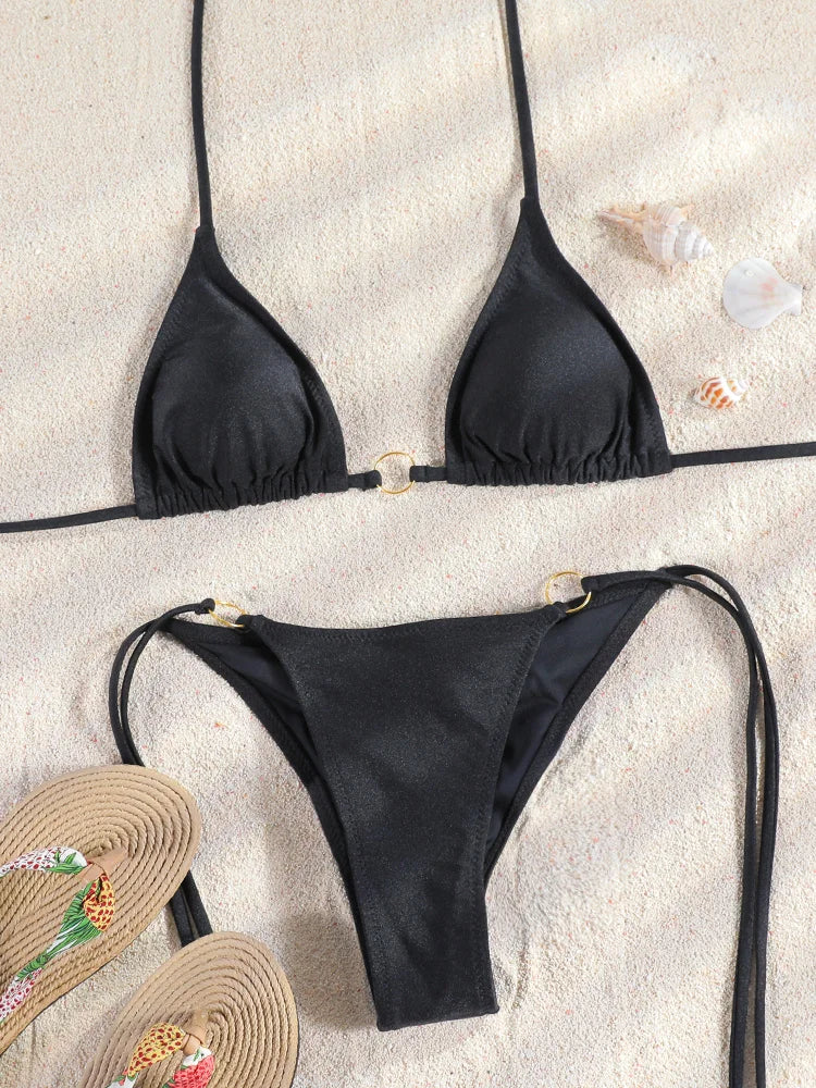 Vintage-Inspired Warm Floral Print Triangle String Bikini