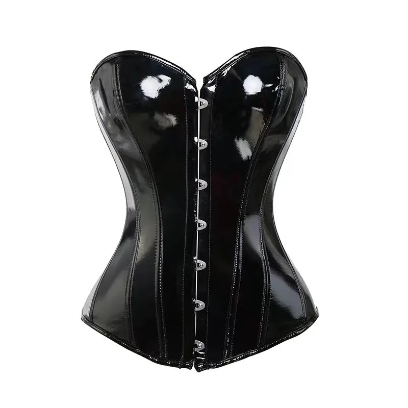 Glossy PVC Overbust Corset with Front Zip Closure and Lace-Up Back