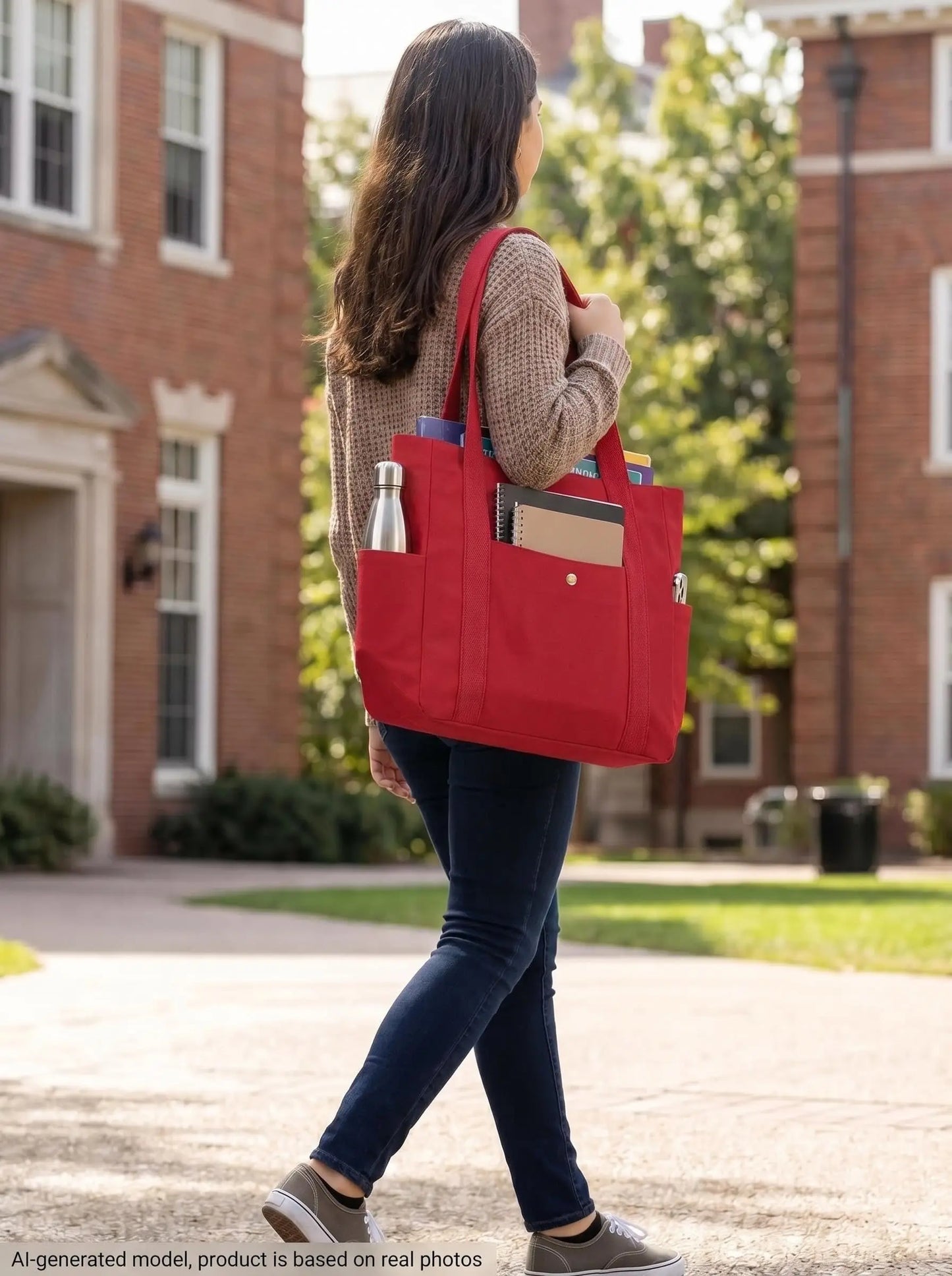 Multi Pocket Canvas Tote Shoulder Bag with Zip Closure Design