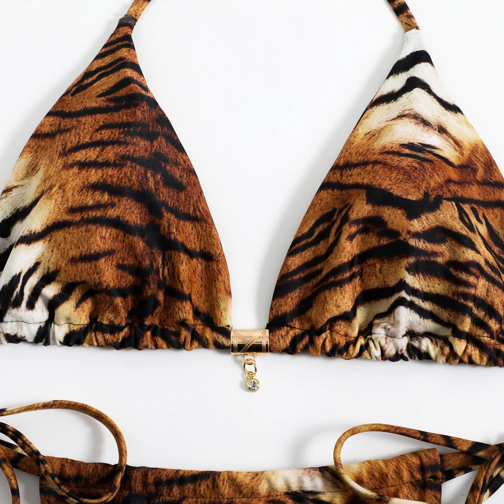 Fierce Tiger Print Triangle String Bikini with Adjustable Ties