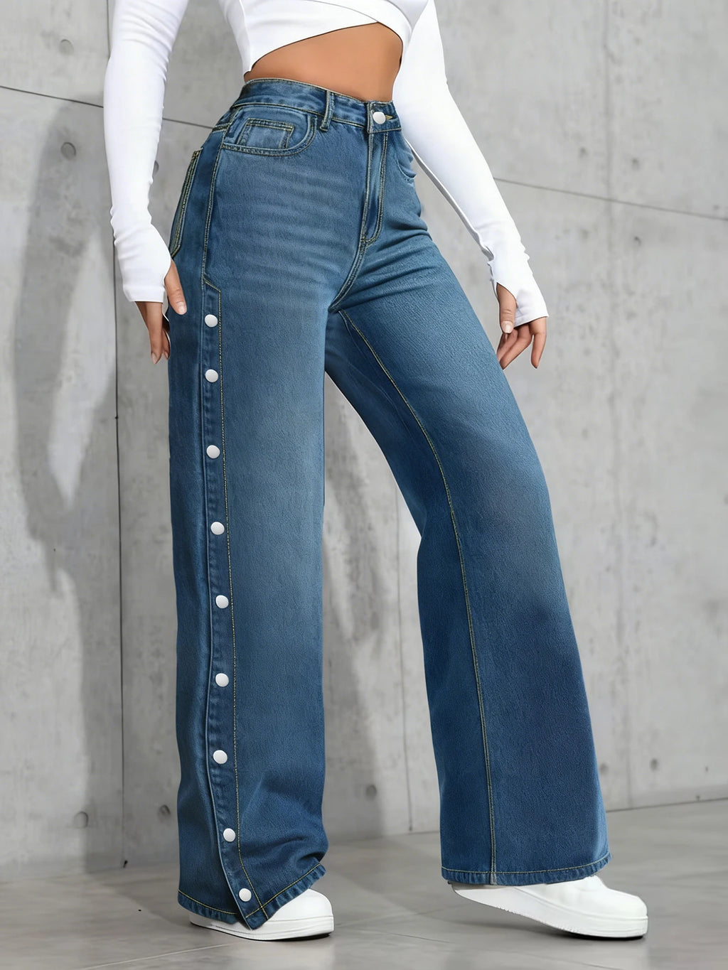 Women's Mid Rise Straight Leg Stretch Denim Jeans with Side Button Detail and Relaxed Fit