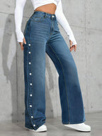 Women's Mid Rise Straight Leg Stretch Denim Jeans with Side Button Detail and Relaxed Fit