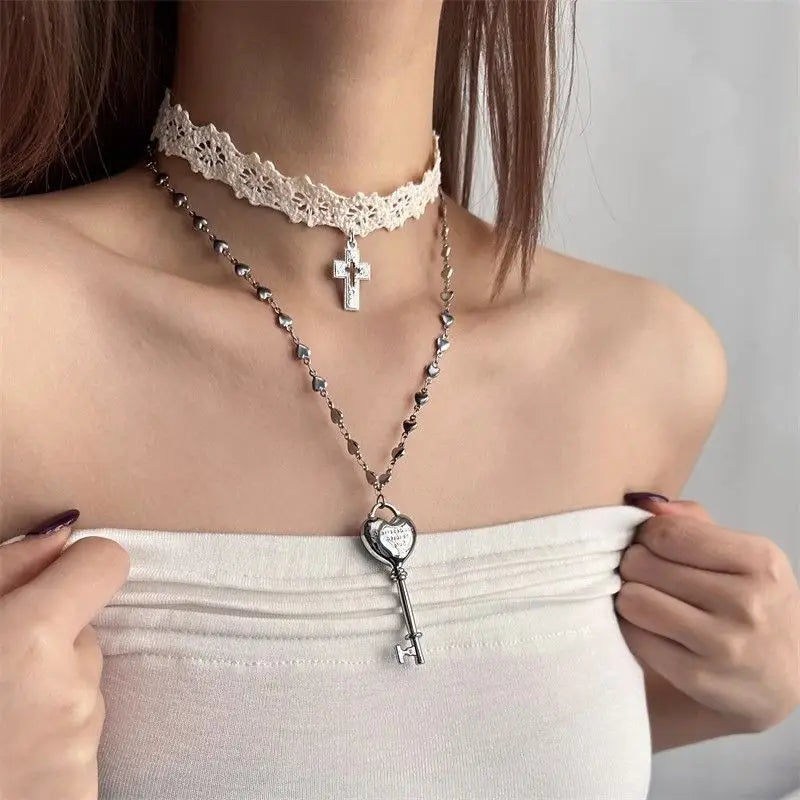 Layered Lace Choker Necklace Set with Key Pendant Gothic Aesthetic