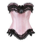 Luminous White Satin Overbust Corset with Ruffled Lace Trim and Bow Detailing