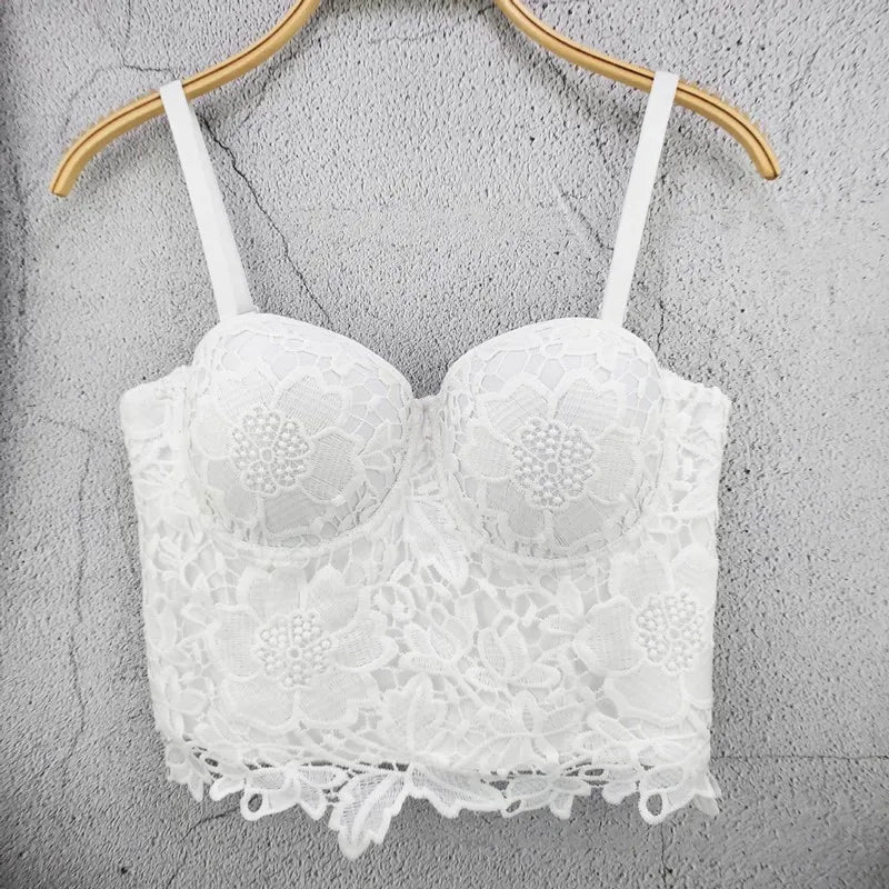 Floral Lace Bustier Top with Embroidered Detailing and Structured Cups