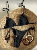 Textured Caramel Triangle String Bikini with Adjustable Side Ties