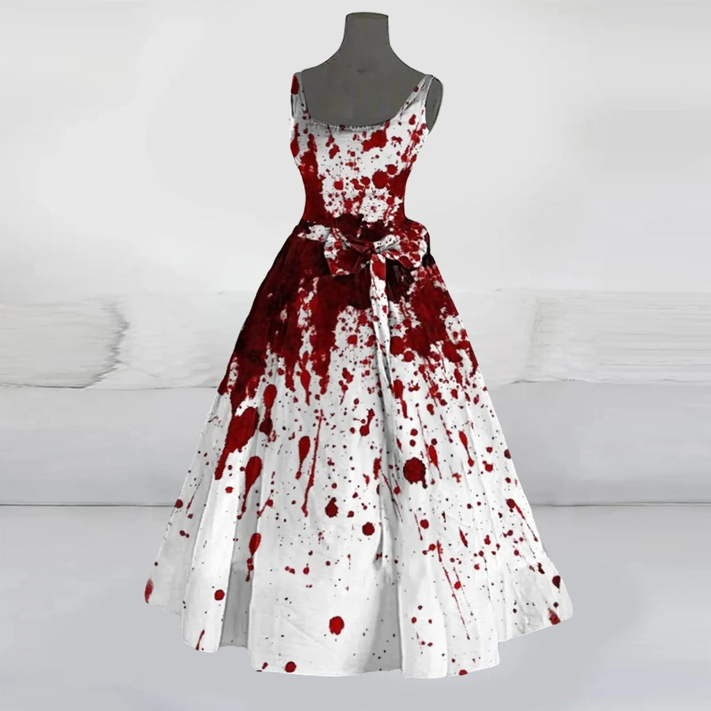 Halloween Splatter Print Flared Swing Dress with Waist Bow