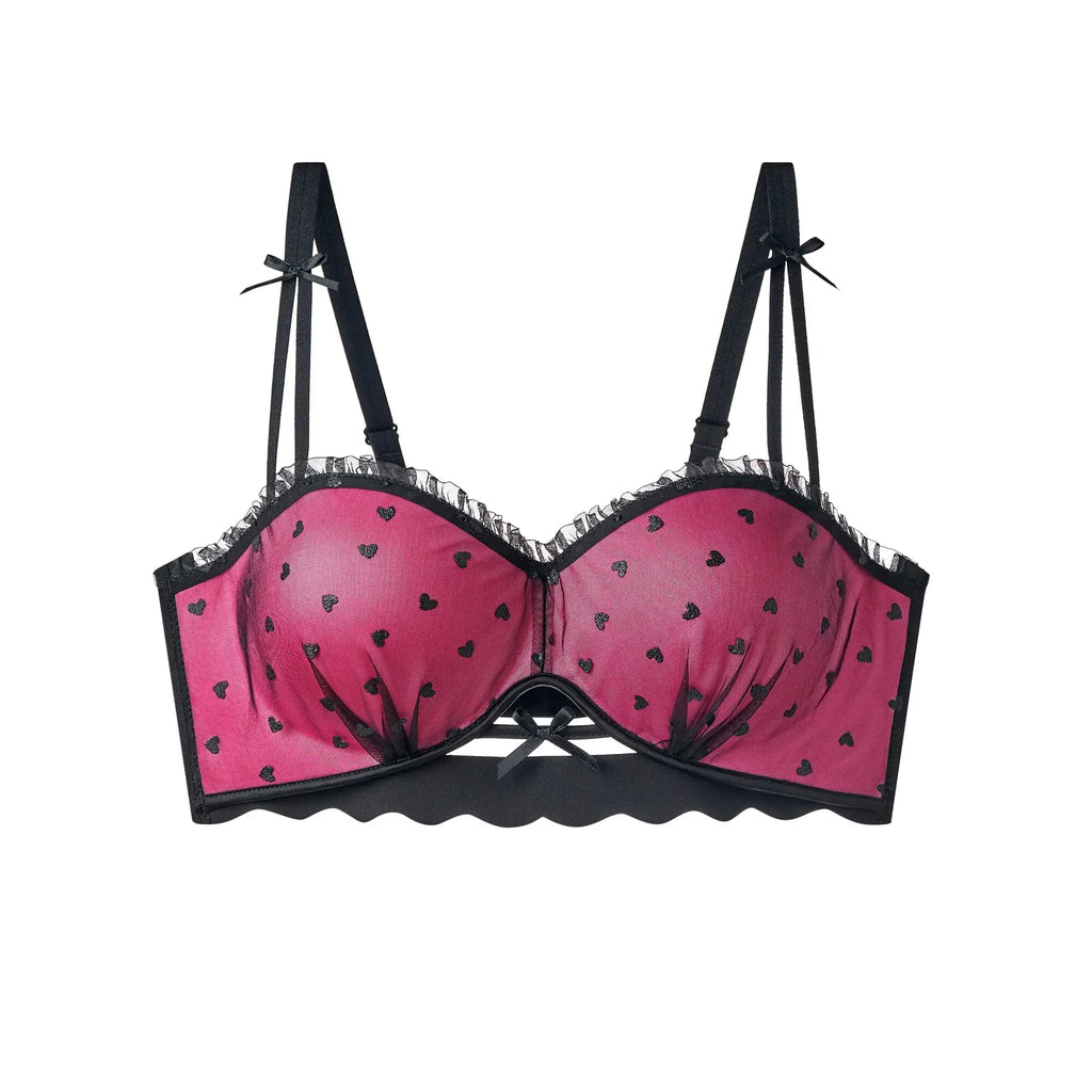Sweet Polka Dot Demi Bra with Scalloped Edging and Contrast Strap Panty Set