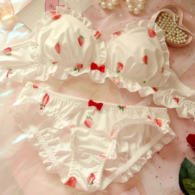 Whimsical Strawberry Print Ruffled Underwire Bra and Panty Set