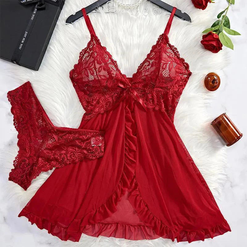 Sheer Black Mesh Split-Front Babydoll Set with Floral Lace Bodice