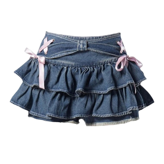 Tiered Ruffle Mini Skirt with Bow Detail High Waist A-Line Design
