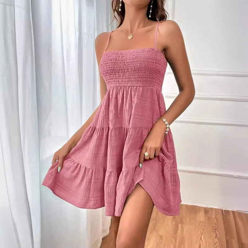 Smocked Bustier Mini Dress with Tiered Hem and Spaghetti Strap Design