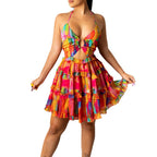 Tropical Ruffle Mini Dress with Playful Manga-Inspired Styling