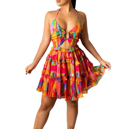 Tropical Ruffle Mini Dress with Playful Manga-Inspired Styling