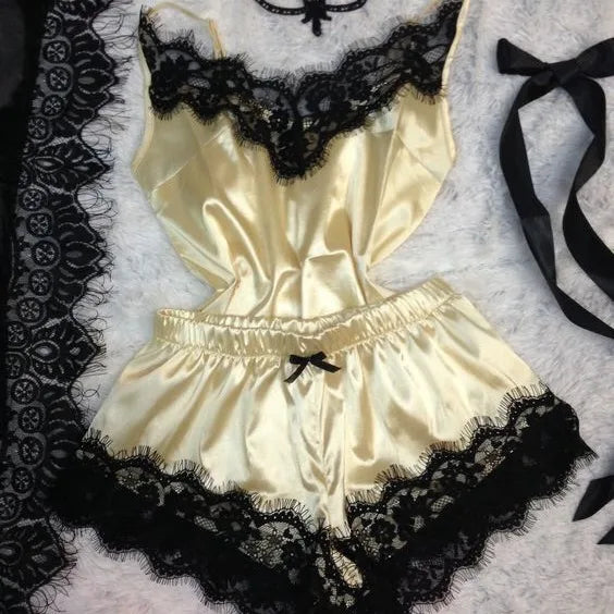 Contrasting Black Lace and Peach Satin-Finish Two-Piece Cami and Shorts Sleep Set