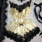 Contrasting Black Lace and Peach Satin-Finish Two-Piece Cami and Shorts Sleep Set