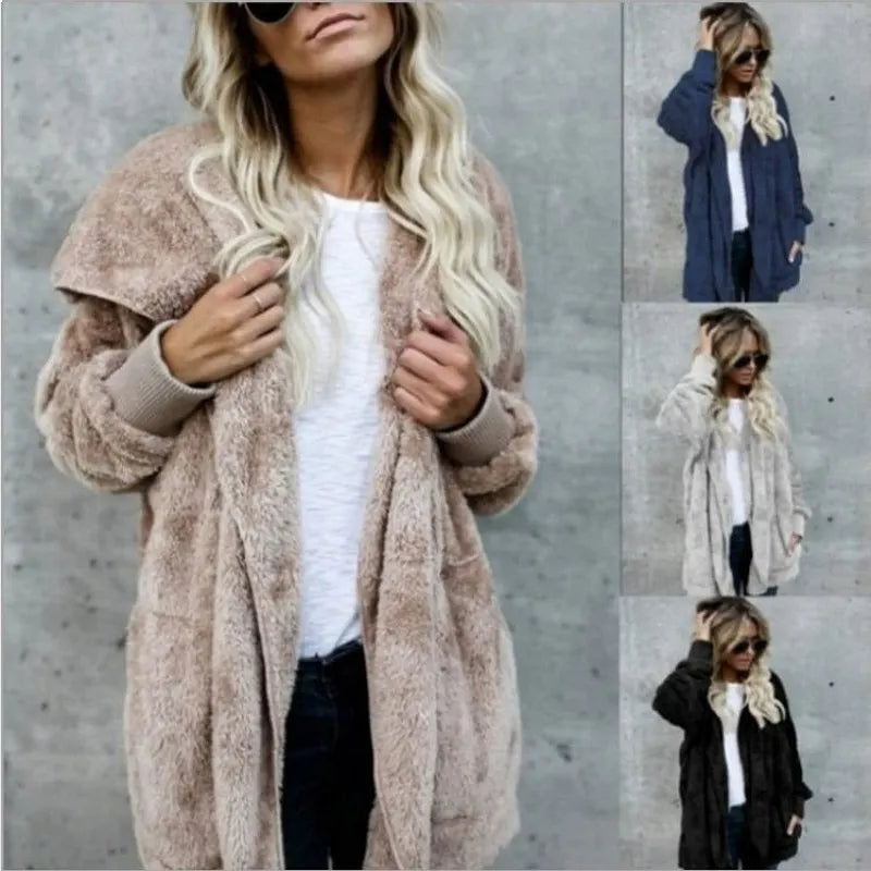 Women's Hooded Plush Fleece Cardigan Open Front Cozy Casual Layering Jacket
