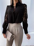 Elegant Chiffon-Style White Blouse with Intricate Hollow-Out Lace Sleeves