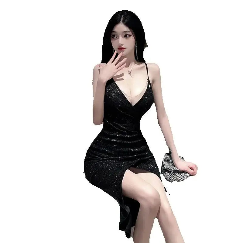 Shimmering Sequin Slip Dress with Deep V-Neck and High Slit