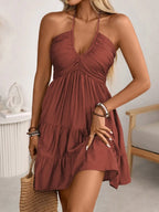 Halter Neck Tiered Mini Dress with Shirred Bodice Bohemian Vacation Style