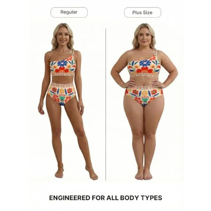 High-Waisted Floral One-Shoulder Bikini Set with Asymmetrical Top, Ruched Tummy-Control Styling and Matching Bottom