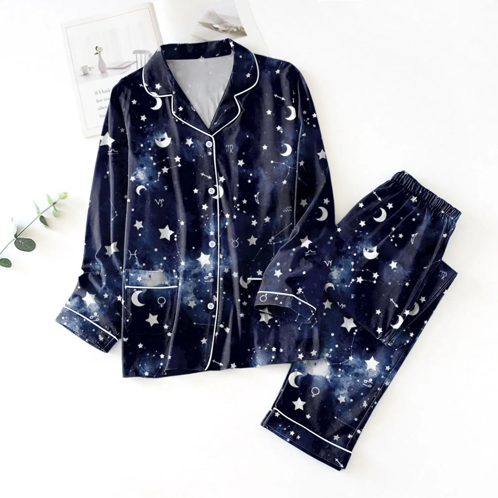 Women's Satin-Look Star Print Pajama Set, Long-Sleeve Button-Front Shirt and Matching Ankle-Length Pants, Two-Piece Loungewear