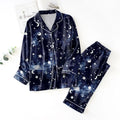 Women's Satin-Look Star Print Pajama Set, Long-Sleeve Button-Front Shirt and Matching Ankle-Length Pants, Two-Piece Loungewear