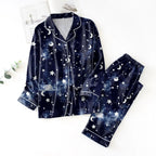Women's Satin-Look Star Print Pajama Set, Long-Sleeve Button-Front Shirt and Matching Ankle-Length Pants, Two-Piece Loungewear
