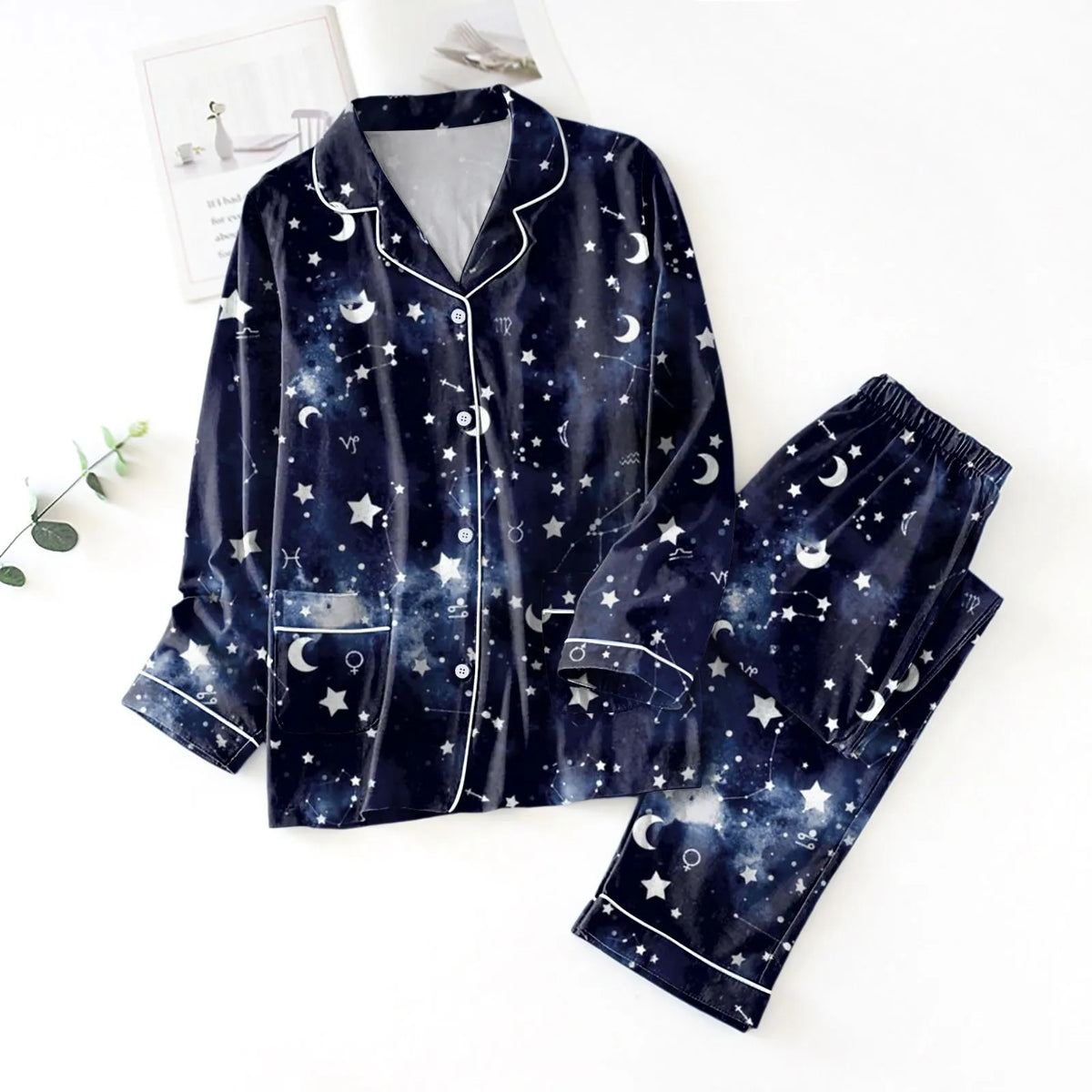 Women's Satin-Look Star Print Pajama Set, Long-Sleeve Button-Front Shirt and Matching Ankle-Length Pants, Two-Piece Loungewear