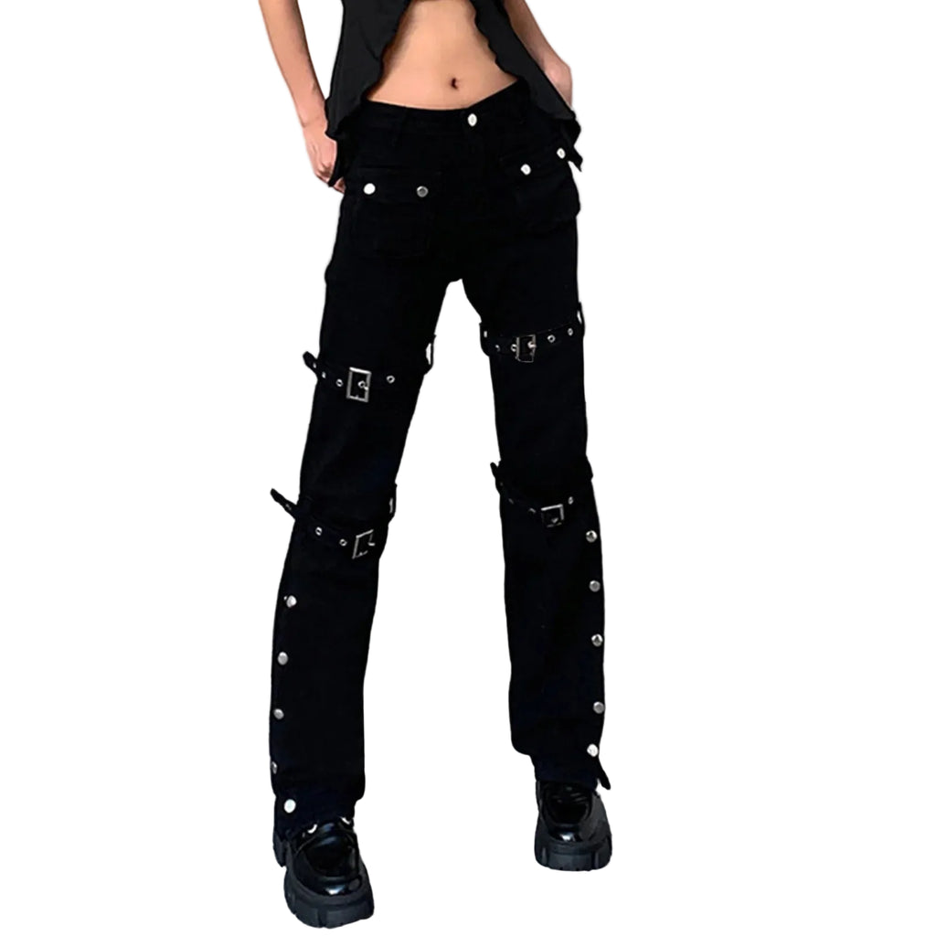Women's Low Rise Straight Leg Utility Pants with Metal Hardware and Streetwear Style
