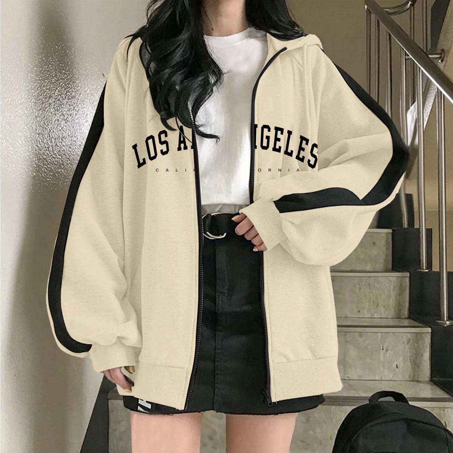Women's Oversized Zip-Up Hoodie with Typography Graphic Relaxed Streetwear Everyday Style